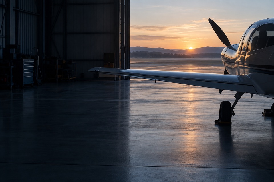 Illustrative view from an aircraft hangar toward a quiet airfield at dawn.